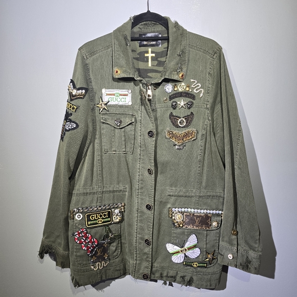 Military jacket size xl, designer inspired patchwork jacket, womens - Picture 9 of 11